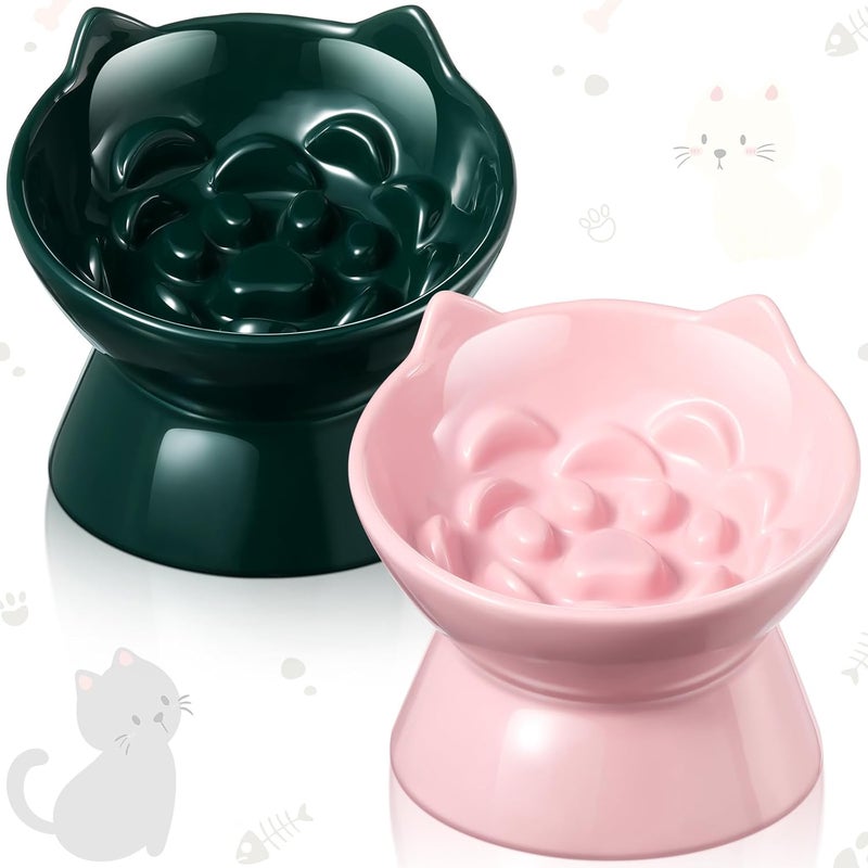 Funnymoom 2 Pcs Ceramic Elevated Slow Feeder Cat Bowl Cute Tilted Anti Vomiting Raised Cat Bowl for Dry Wet Food and Water Easy to Clean High Edge Pet for Small Dogs(Dark Green, Pink) - Image 1